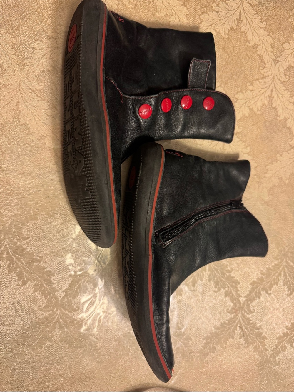 Camper Beetle Black Leather Ankle Boots Red Button Detail Side Zip Size 37